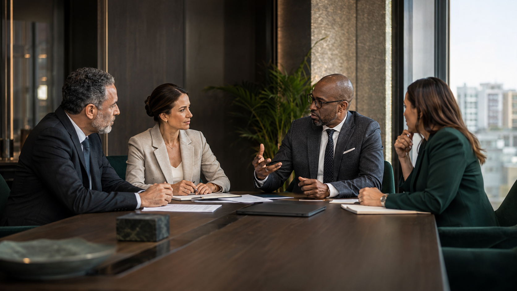 Senior professionals in a business development meeting